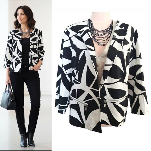 Chico's Jackets & Blazers - Chico's Black White Geo Print Open Front  Quarter Sleeve Cotton Stretch Jacket L